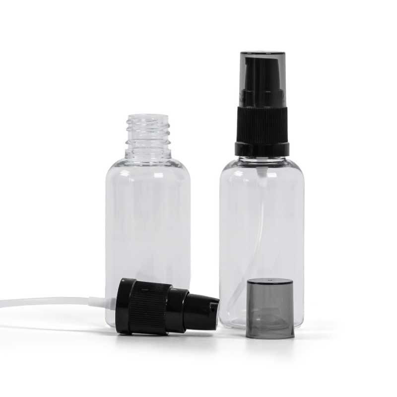 Plastová lahvička, lékovka, průhledná, černý dávkovač krému, kouřový vrch, 50 ml