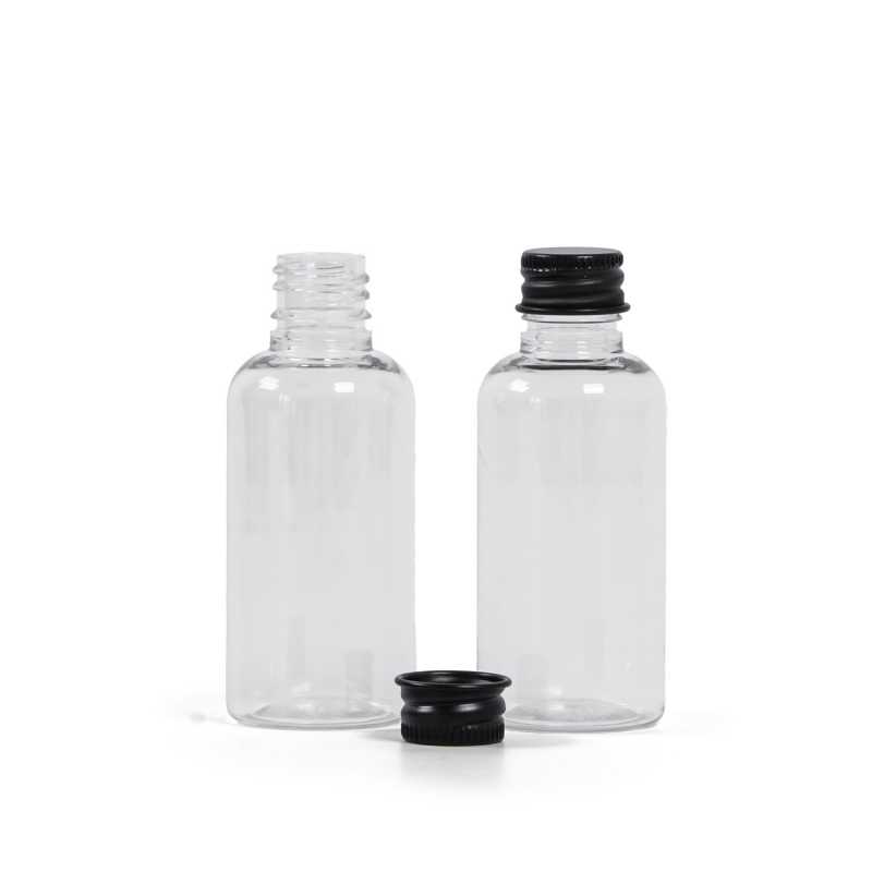 Plastová lahvička, lékovka, průhledná, černý hliníkový uzávěr, 50 ml