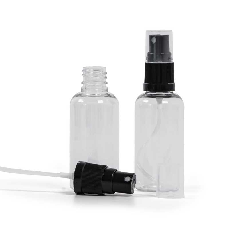 Plastová lahvička, lékovka, průhledná, černý rozprašovač, 50 ml