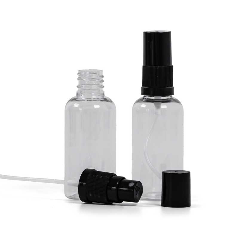 Plastová lahvička, lékovka, průhledná, černý rozprašovač, černý vršek, 50 ml