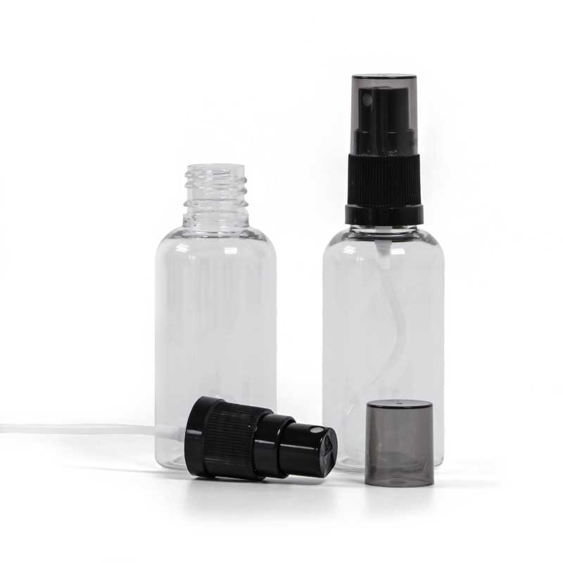 Plastová lahvička průhledná, černý rozprašovač, dýmový kryt, 50 ml
