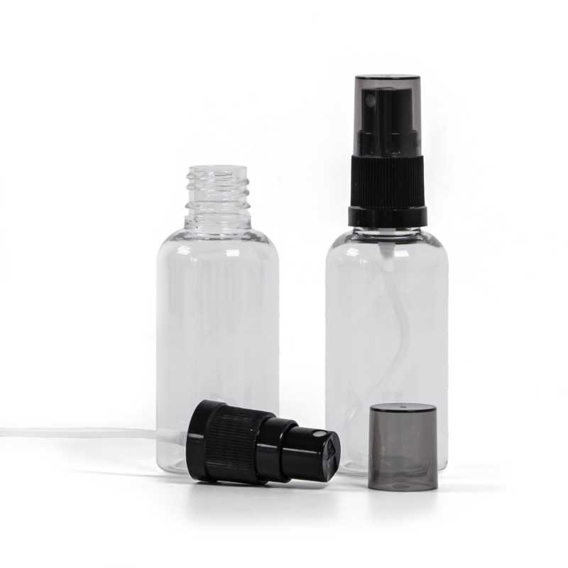 Plastová lahvička, lékovka, průhledná, černý rozprašovač, dymový vršek, 50 ml