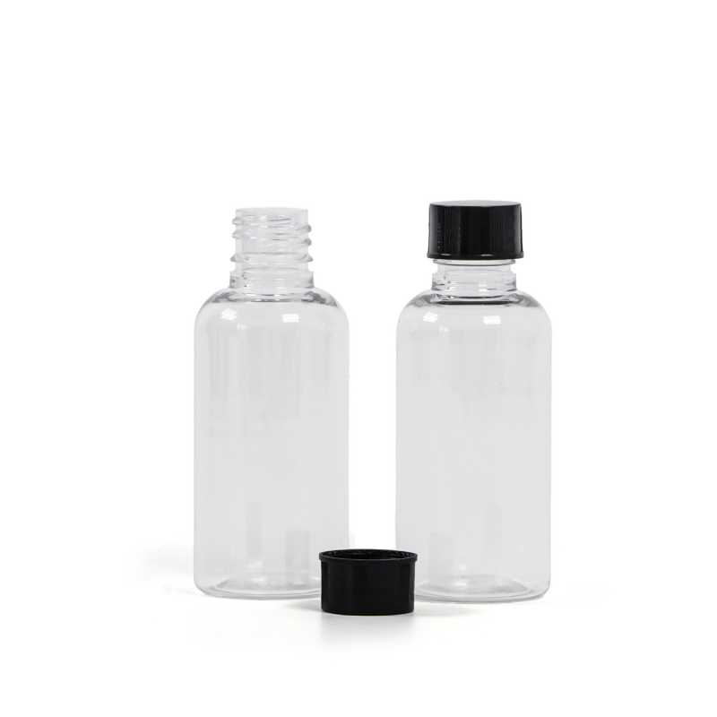 Plastová lahvička, lékovka, průhledná, černý uzávěr, 50 ml