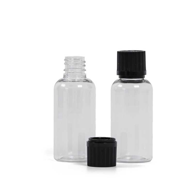 Plastová lahvička, lékovka, průhledná, černý uzávěr s vroubkováním a pojistkou, 50 ml