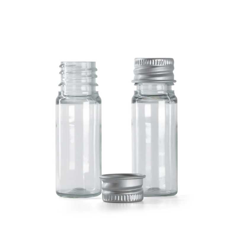 Lahvička, plastová, průhledná, hliníkové víčko, 10 ml