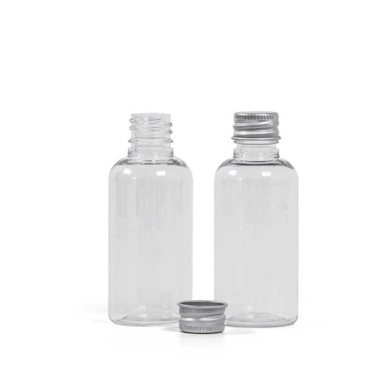 Plastová lahvička, průhledná, hliníkové víčko, 50 ml