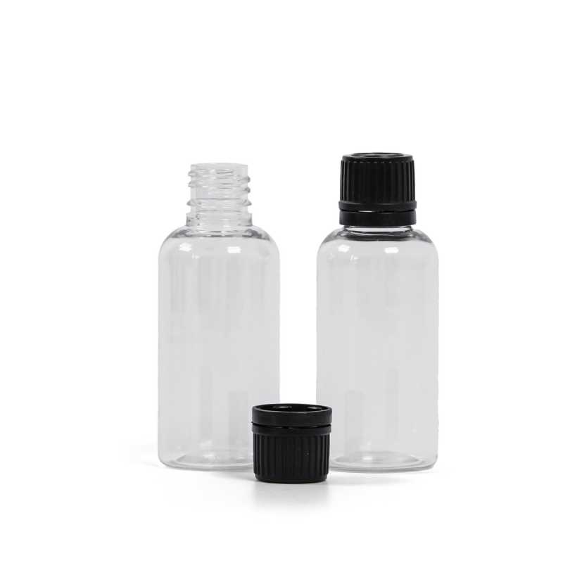 Plastová lahvička, lékovka, průhledná, vrubkovaný černý uzáver, 50 ml