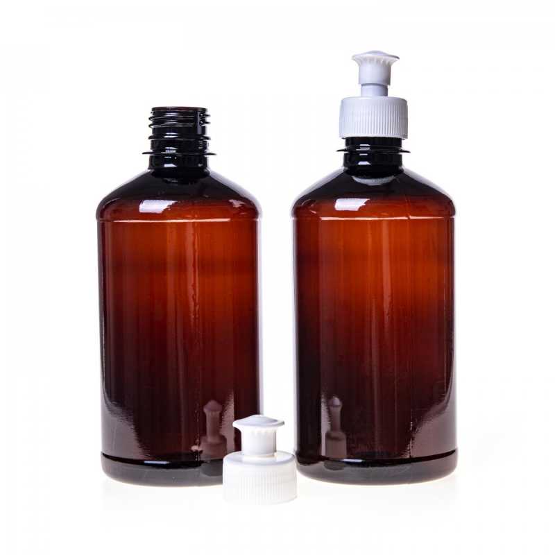 Plastová láhev o objemu 500 ml slouží jako obalový materiál pro různé kapaliny či prášky. Díky své hnědé barvě účinně ochrání obsah před p