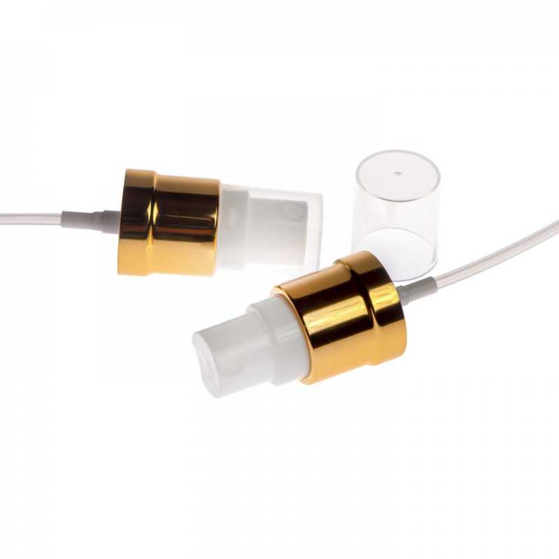 Bílo-zlatý plastový dávkovač s průhledným uzávěrem, vhodný pro láhev s průměrem hrdla 18 mm.Hrdlo: 18/415Délka hadičky: 100 mmMateriál: polyprop