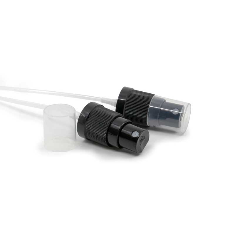 Černý plastový dávkovač s průhledným uzávěrem, vhodný pro lahvičky s průměrem hrdla 18 mm.Hrdlo: 18/415Délka hadičky: 85 mmMateriál: polypropyle