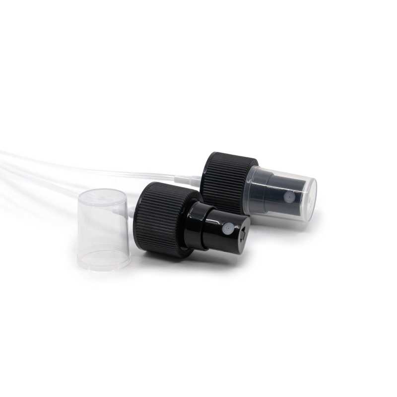 Černý plastový dávkovač - vroubkovaný s průhledným uzávěrem , vhodný pro lahve s průměrem hrdla 24 mm.
Délka tuby je 165 mm.
Materiál víčka: 