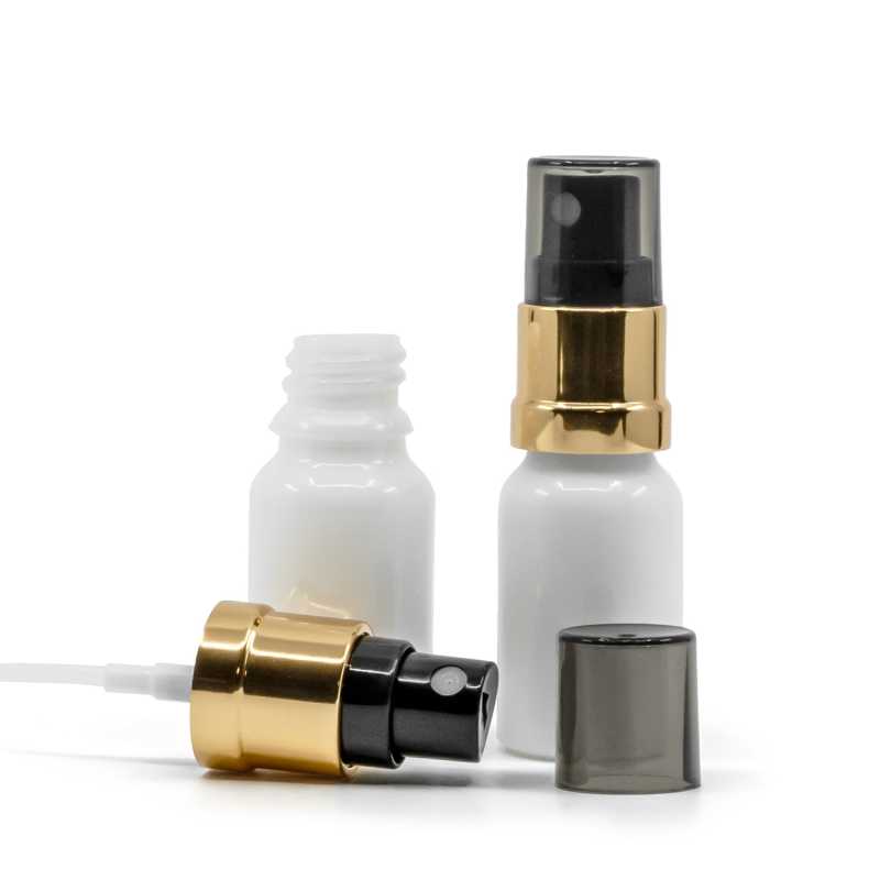 Bílá skleněná lahvička, černo-zlatý rozprašovač s kouřovým vrškem, 10 ml