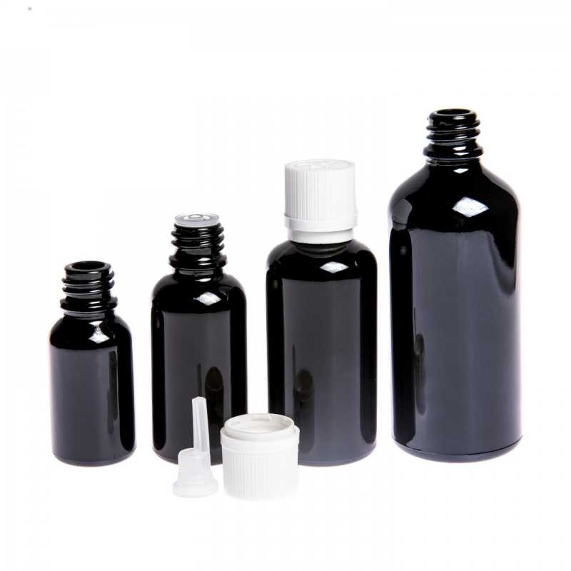 Skleněná lahvička, černá lesklá, bílý vroubkovaný uzávěr s pojistkou, 10 ml