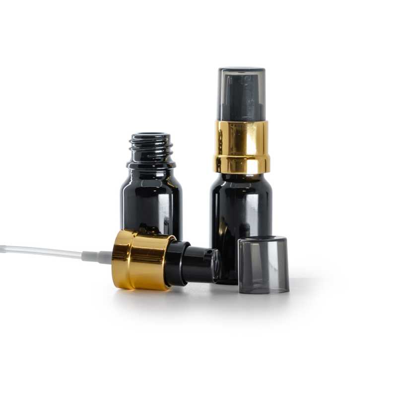 Skleněná lahvička, černá lesklá, černo-zlatý lesklý dávkovač s dýmovým krytem, 10 ml