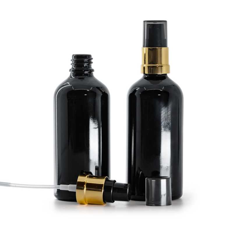 Skleněná lahvička, černá lesklá, černo-zlatý lesklý dávkovač s dýmovým krytem, 100 ml