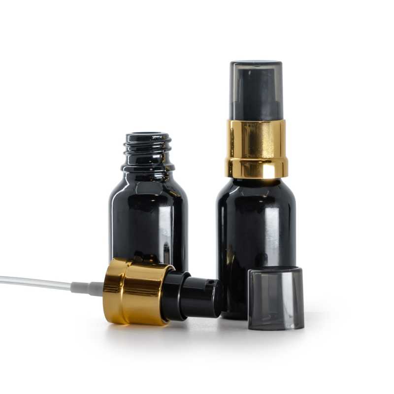 Skleněná lahvička, černá lesklá, černo-zlatý lesklý dávkovač s dýmovým krytem, 15 ml