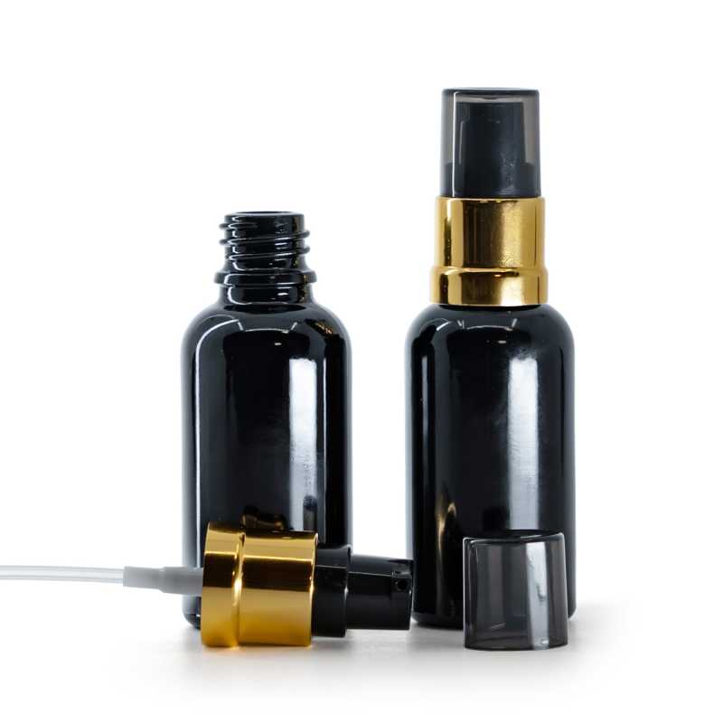 Skleněná lahvička, černá lesklá, černo-zlatá lesklá pumpička s dýmovým krytem, 30 ml