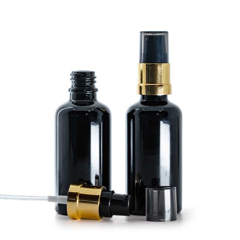 Skleněná lahvička, černá lesklá, černo-zlatý lesklý dávkovač s dýmovým krytem, 50 ml
