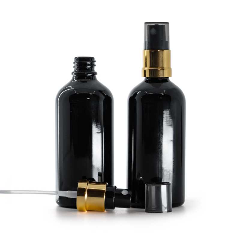 Lesklá černá skleněná lahvička, černo-zlatý rozprašovač s kouřovým vrškem, 100 ml