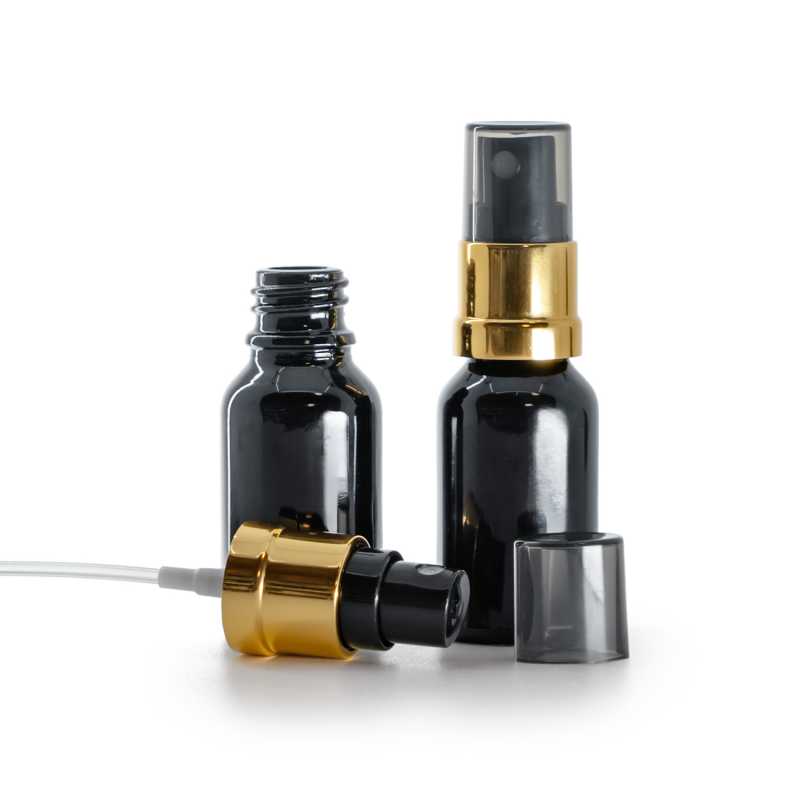 Skleněná lahvička, černá lesklá, černo-zlatý rozprašovač s kouřovým vrškem, 15 ml