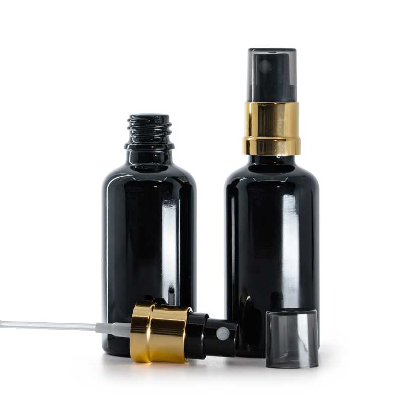 Skleněná láhev, černá lesklá, černo-zlatý rozprašovač s kouřovým vrškem, 50 ml