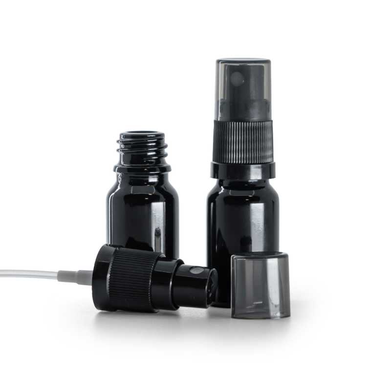 Skleněná lahvička, černá lesklá, černý rozprašovač, dýmový vrch, 10 ml