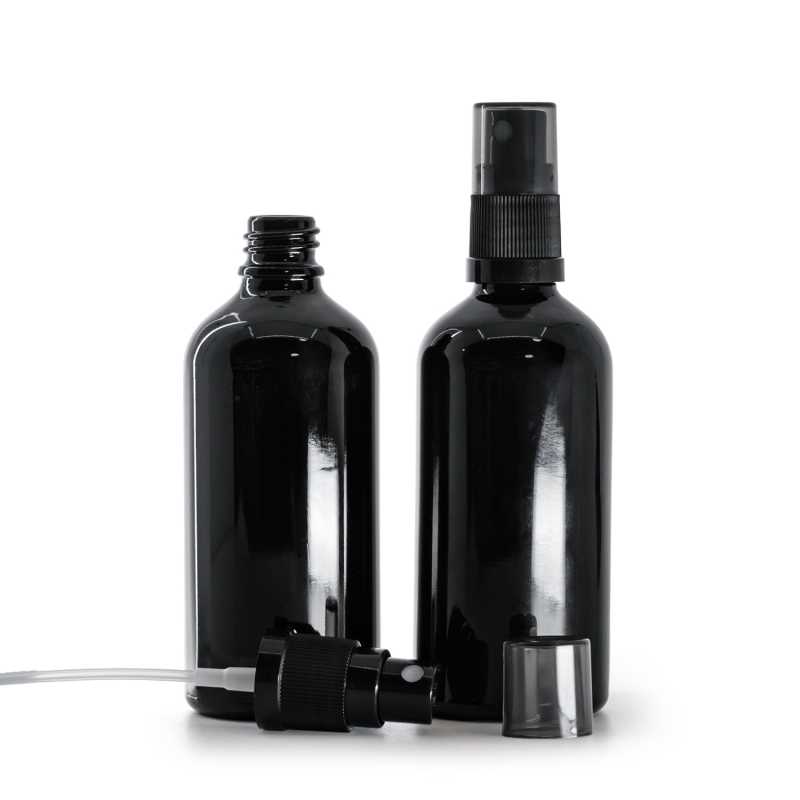 Skleněná lahvička, černá lesklá, černý rozprašovač, dýmový kryt, 100 ml