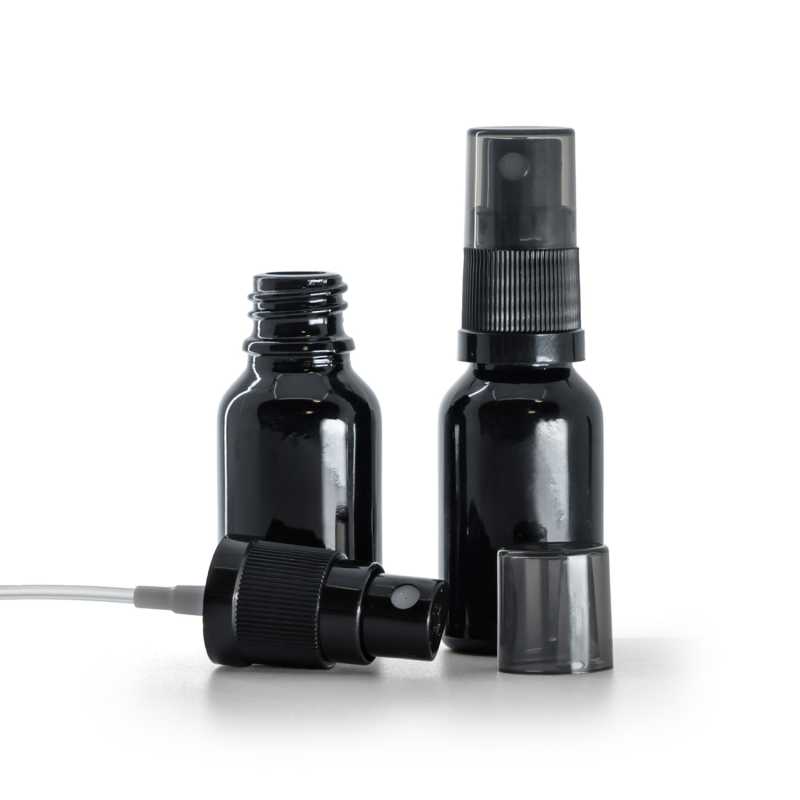 Skleněná lahvička, černá lesklá, černý rozprašovač, dýmový vrch, 15 ml