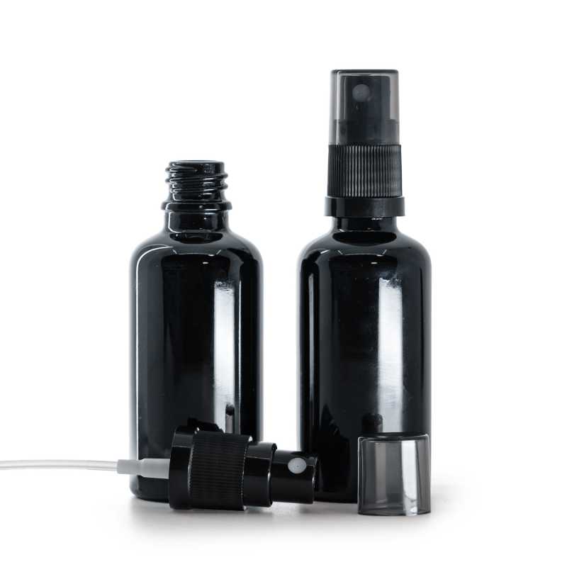 Skleněná lahvička, černá lesklá, černý rozprašovač, dýmový vrch, 50 ml
