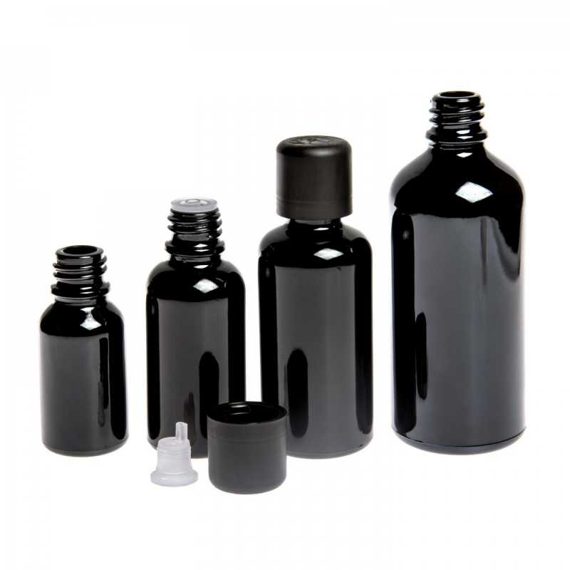 Skleněná láhev, černá lesklá, černé víčko s bezpečnostní pojistkou, 50 ml