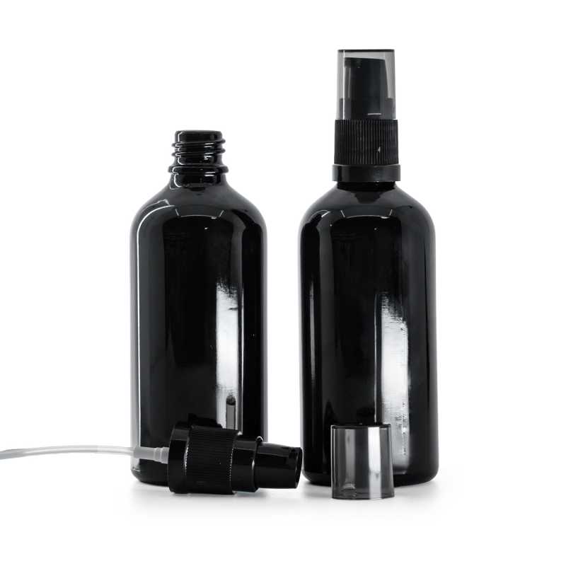 Skleněná lahvička, černá lesklá, dávkovač krému s dýmovým krytem, 100 ml