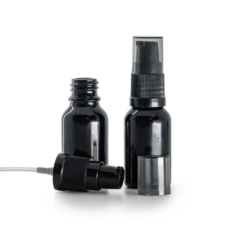 Skleněná lahvička, černá lesklá, dávkovač krému s dýmovým krytem, 15 ml