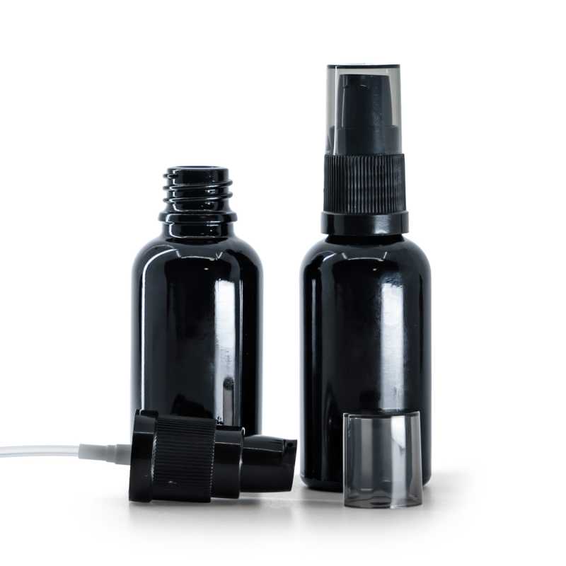 Skleněná lahvička, černá lesklá, dávkovač krému s dýmovým krytem, 30 ml