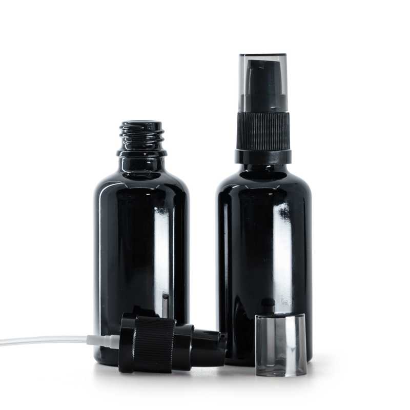 Skleněná lahvička, černá lesklá, dávkovač krému s dýmovým krytem, 50 ml