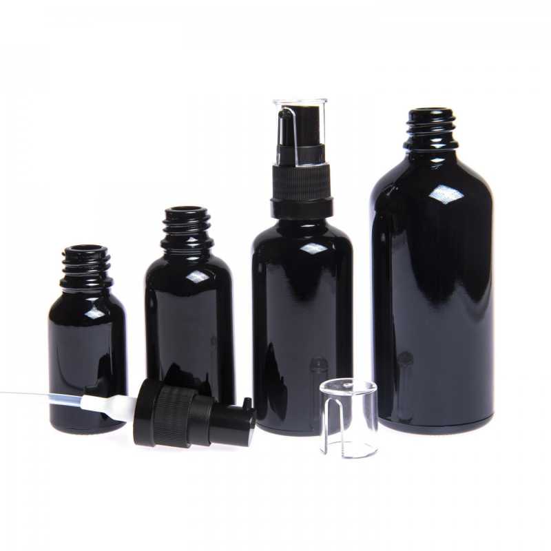 Skleněná lahvička, tzv. flakónek, je vyrobena z vysoce kvalitního černého skla s lesklým povrchem. Ten zajišťuje, že světlo neproniká dovnitř lahv