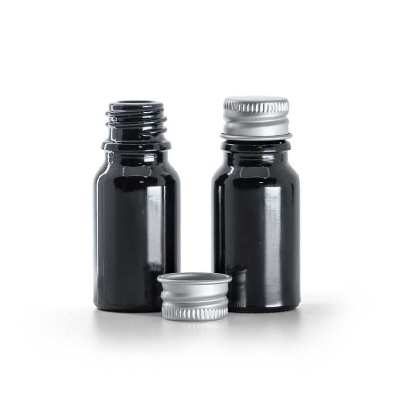Lahvička, sklo, černá lesklá, 10 ml, hliníkové víčko, stříbrné