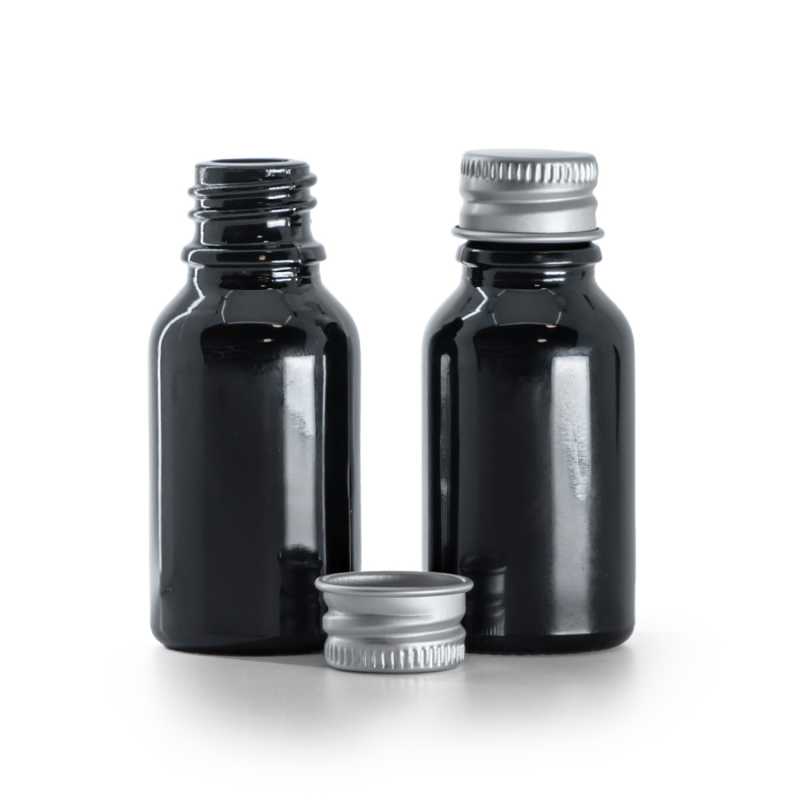 Lahvička, sklo, černá lesklá, hliníkové víčko, 15 ml