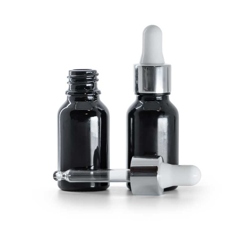 Skleněná lahvička, černá lesklá, lesklá stříbrná pipeta, 15 ml