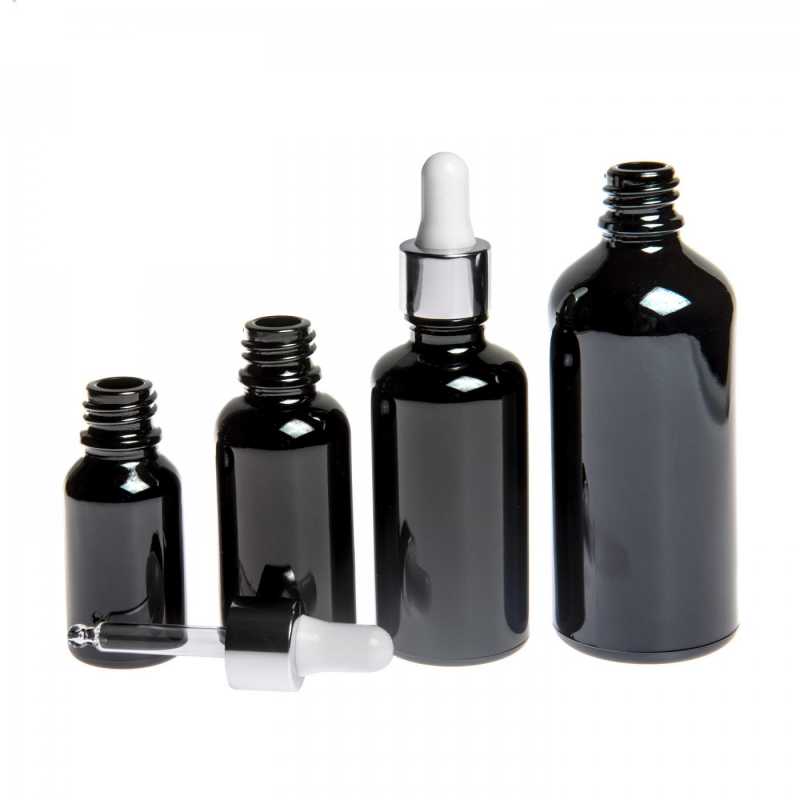 Skleněná lahvička, tzv. flakónek, je vyrobena z vysoce kvalitního černého skla s lesklým povrchem. Díky tomu nepropouští světlo do lahvičky a posky