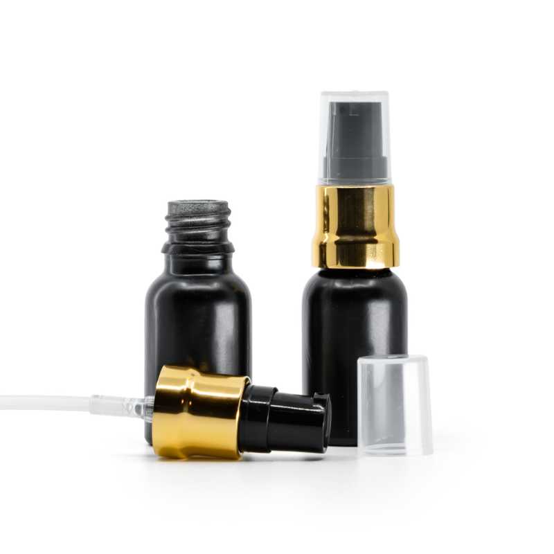 Skleněná lahvička, černá matná,  černo-zlatý dávkovač, průhledný vrch, 15 ml
