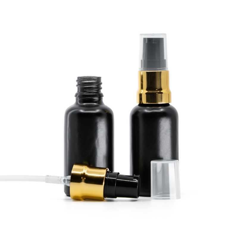 Skleněná lahvička, černá matná, černo-zlatý dávkovač, průhledný vrch, 30 ml