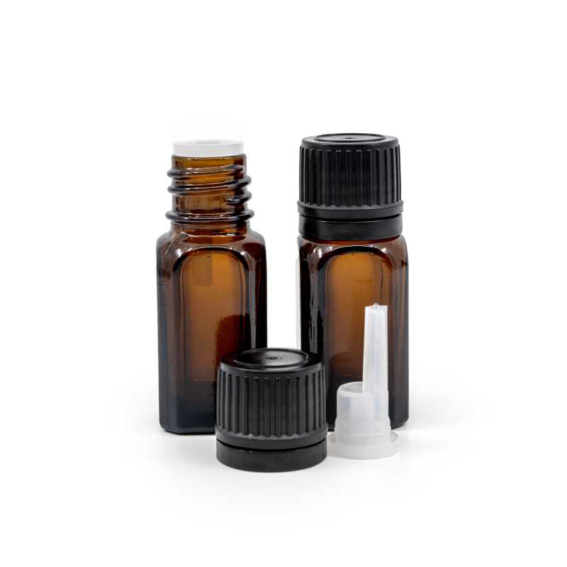 Skleněná lahvička, čtvercová rovná, černý vrchnák s kvapátkem, 10 ml