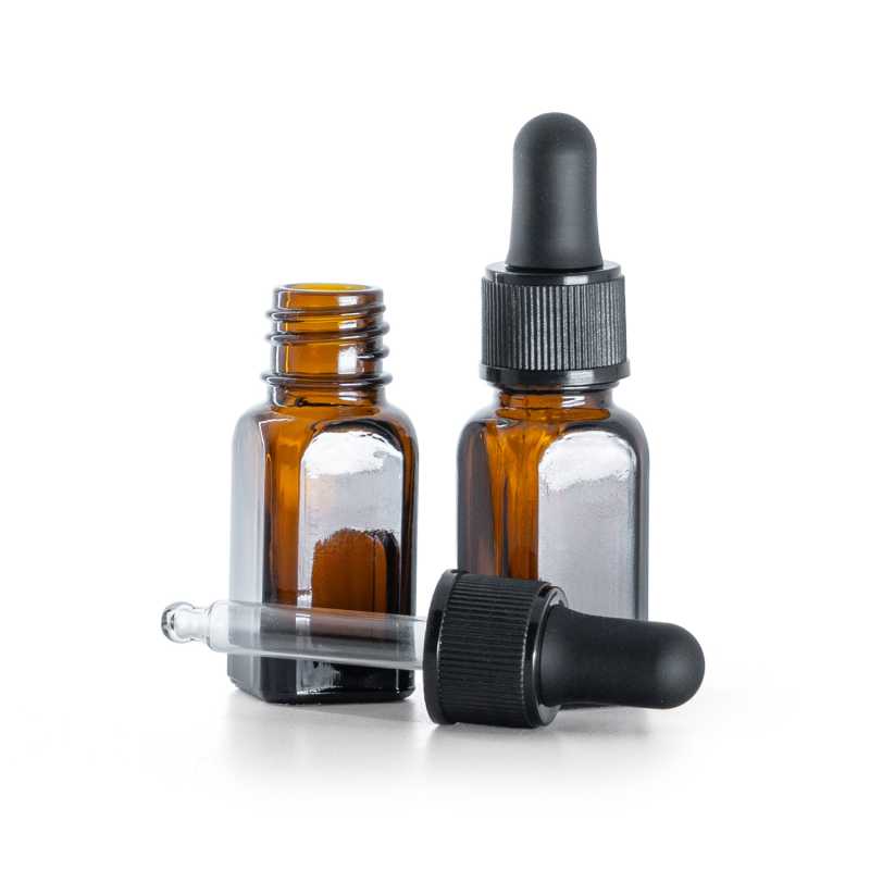 Hranatá skleněná lahvička s černým plastovým kapátkem 10 ml