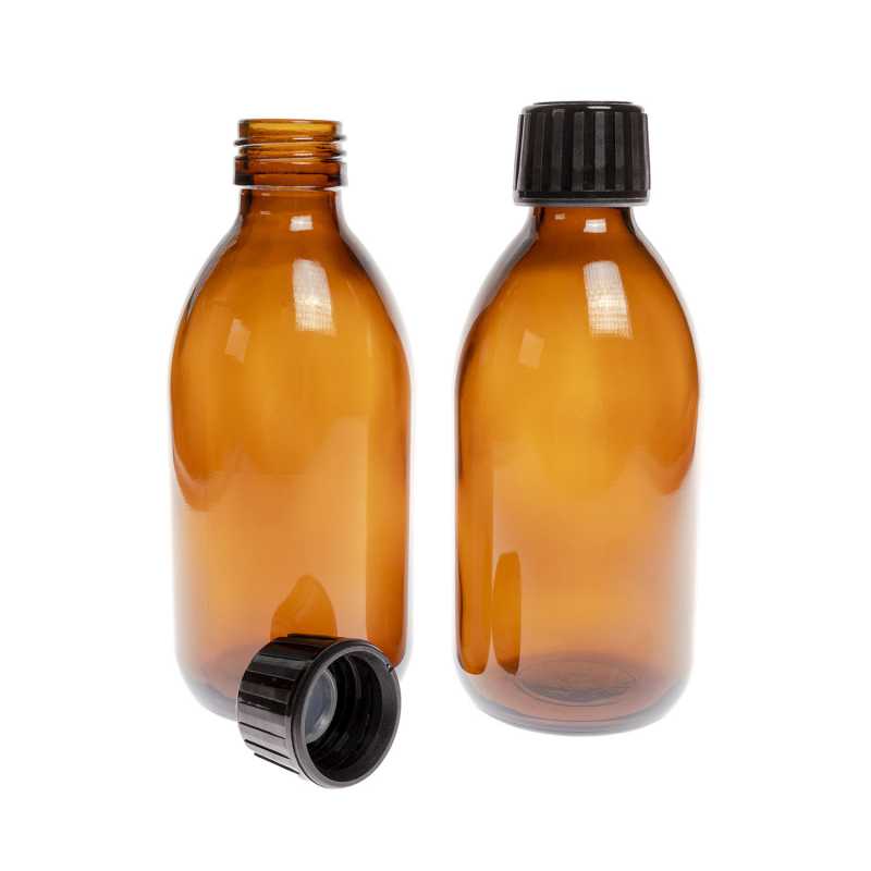 Skleněná láhev je vyrobena ze silného tmavě hnědého skla oobjemu 250 ml. Slouží k uchovávání tekutin, které díky své barvě účinně chrání p