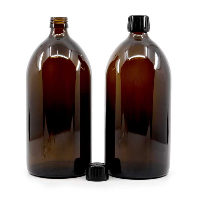 Skleněná lahvička, tzv. lahvička na sirup, je vyrobena ze silného skla tmavě hnědé barvy. Používá se k uchovávání tekutin, které díky své barv