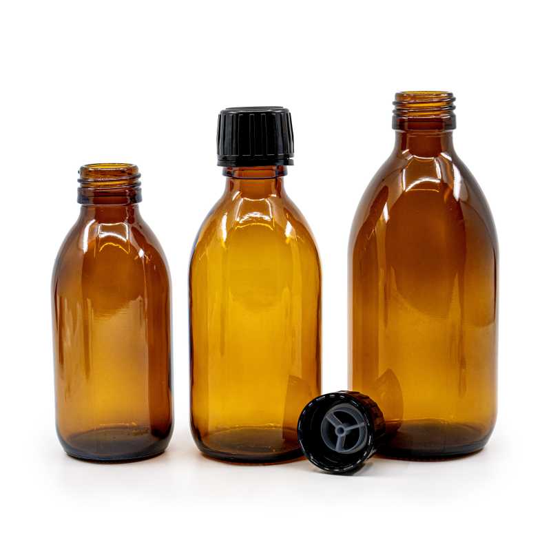 Skleněná lahvička, nazývaná vialka, o objemu 100 ml je vyrobena ze silného skla tmavě hnědé barvy. Používá se k uchovávání tekutin, které díky 