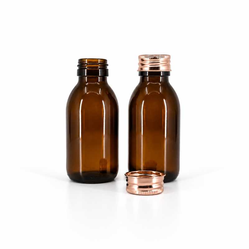 Skleněná lékovka, 28 mm, hliníkové víčko růžově zlaté, 100 ml