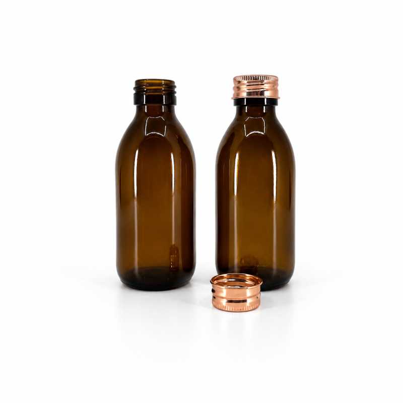 Skleněná láhev, lékovka, 150 ml, hliníkové víčko růžově zlaté, 28 mm