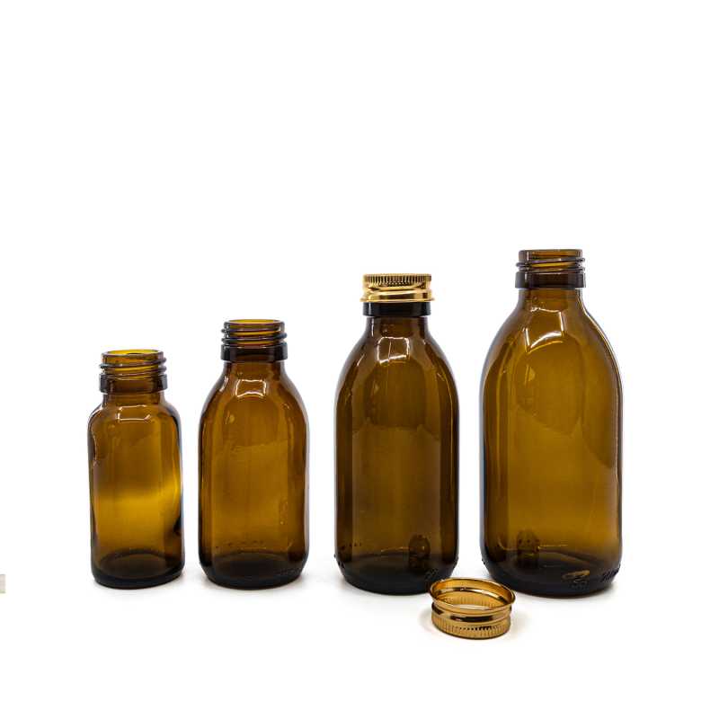 Skleněná láhev, lékovka hnědá, 28 mm, růžově zlaté hliníkové víčko, 200 ml