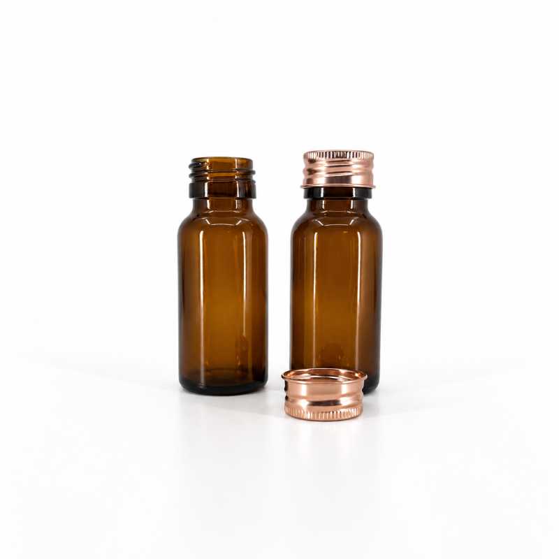 Skleněná lékovka, hnědá, 50 ml, růžově zlaté hliníkové víčko, 28 mm